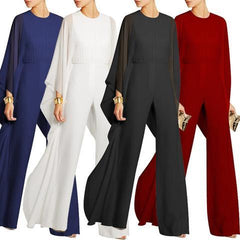Solid Cape Sleeve Hollow Out Chiffon Wide-Leg Jumpsuit