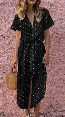 Casual Point print V neck Short sleeve Vent Lacing Skater Dresses