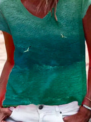 Cotton-Blend V Neck Short Sleeve Shirts & Tops