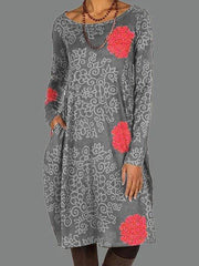 Deep Brown Cotton Floral Cocoon Long Sleeve Dresses