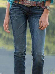 Navy Blue Casual Cotton-Blend Washed Pants