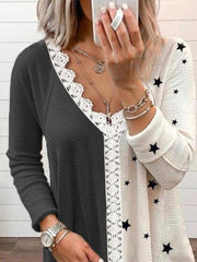 Deep Gray Color-Block Long Sleeve Shift V Neck Shirts & Tops