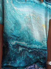 Blue Abstract Short Sleeve Cotton-Blend T-shirt