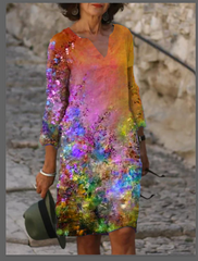 Cotton-Blend 3/4 Sleeve V Neck Shift Dresses