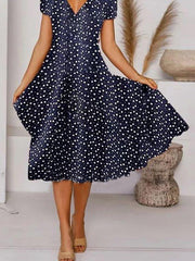 Deep Blue Short Sleeve V Neck A-Line Casual Dresses