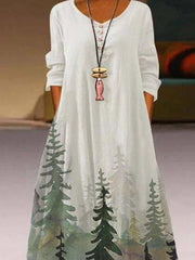 Casual loose long-sleeved plant print dress