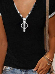 Black V Neck Zipper Casual Solid Shirts & Tops