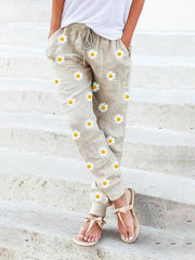 Beige Shift Floral Casual Linen Pants