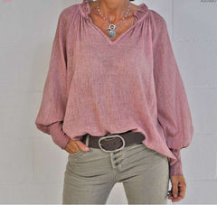 Casual Loose Pure V neck Long sleeve Blouses