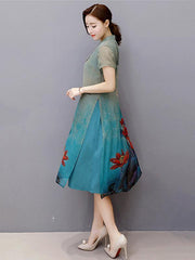 Elegant Floral-Printed Short Sleeves Stand Collar Cheongsam Midi Dress