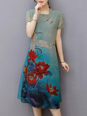 Elegant Floral-Printed Short Sleeves Stand Collar Cheongsam Midi Dress