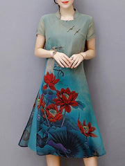 Elegant Floral-Printed Short Sleeves Stand Collar Cheongsam Midi Dress