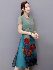 Elegant Floral-Printed Short Sleeves Stand Collar Cheongsam Midi Dress