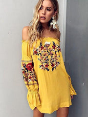 Bohemia Floral-Printed Off-The-Shoulder Puff-Sleeves Mini Dress