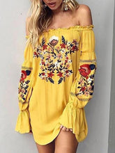 Bohemia Floral-Printed Off-The-Shoulder Puff-Sleeves Mini Dress