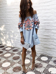 Sexy Embroidered Off-The-Shoulder Flared Sleeves Mini Dress