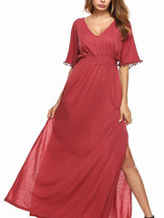 Simple Red V-Neck Short Sleeve Elastic Waist Evening Dress