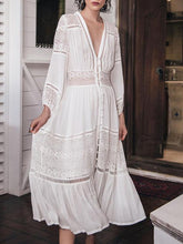 White Lace Split-Joint Hollow Midi Dress