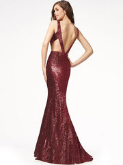 V-back Sequined Mermaid Floor Evening Dress