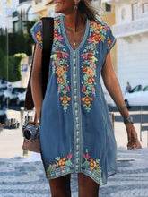 Women Summer Short Sleeve Embroidered Shift Dresses