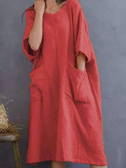Casual Loose Pure V neck Half sleeve Pocket Maxi Dresses