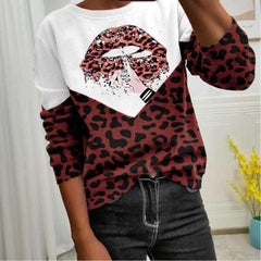 Casual Gored Leopard print Round neck Long sleeve T-Shirts