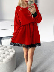 Women round neck waist tie long sleeve skater dresses