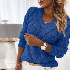 Casual Pure Hollow out Feather V neck Long sleeve Knit Sweaters