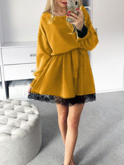 Women round neck waist tie long sleeve skater dresses
