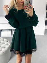 Women round neck waist tie long sleeve skater dresses