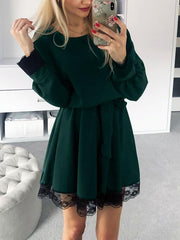 Women round neck waist tie long sleeve skater dresses