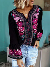 Fashion Casual Retro print V neck Mandarin sleeve T-Shirts