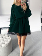 Women round neck waist tie long sleeve skater dresses