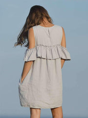 Round Neck Hollow Out Plain Casual Dresses