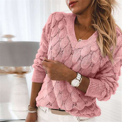 Casual Pure Hollow out Feather V neck Long sleeve Knit Sweaters