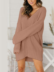 Loose v neck long sleeve knit sweater shift dresses