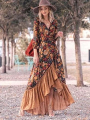 Fashion Print Gored V neck Long sleeve Falbala Maxi Dresses