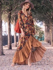 Fashion Print Gored V neck Long sleeve Falbala Maxi Dresses