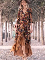 Fashion Print Gored V neck Long sleeve Falbala Maxi Dresses