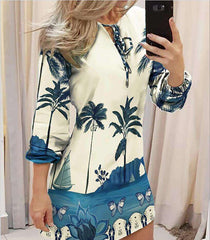 Fashion Print Round neck Lacing Long sleeve Shift Dresses