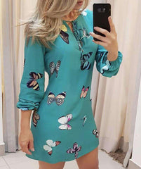 Fashion Print Round neck Lacing Long sleeve Shift Dresses