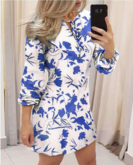 Fashion Print Round neck Lacing Long sleeve Shift Dresses