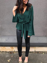 Elegant Long Sleeve V-neck Tie Blouse