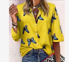 Casual Butterfly print Lapel Long sleeve Blouses
