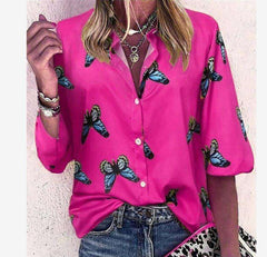 Casual Butterfly print Lapel Long sleeve Blouses