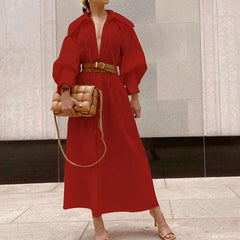 Casual Pure Tippet V neck Puff sleeve Belt Maxi Dresses