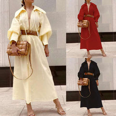 Casual Pure Tippet V neck Puff sleeve Belt Maxi Dresses