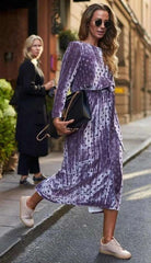 Fashion Poi,t print Round neck Long sleeve Lacing Skater Maxi Dresses