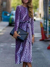 Fashion Poi,t print Round neck Long sleeve Lacing Skater Maxi Dresses