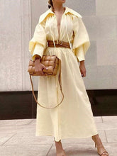 Casual Pure Tippet V neck Puff sleeve Belt Maxi Dresses